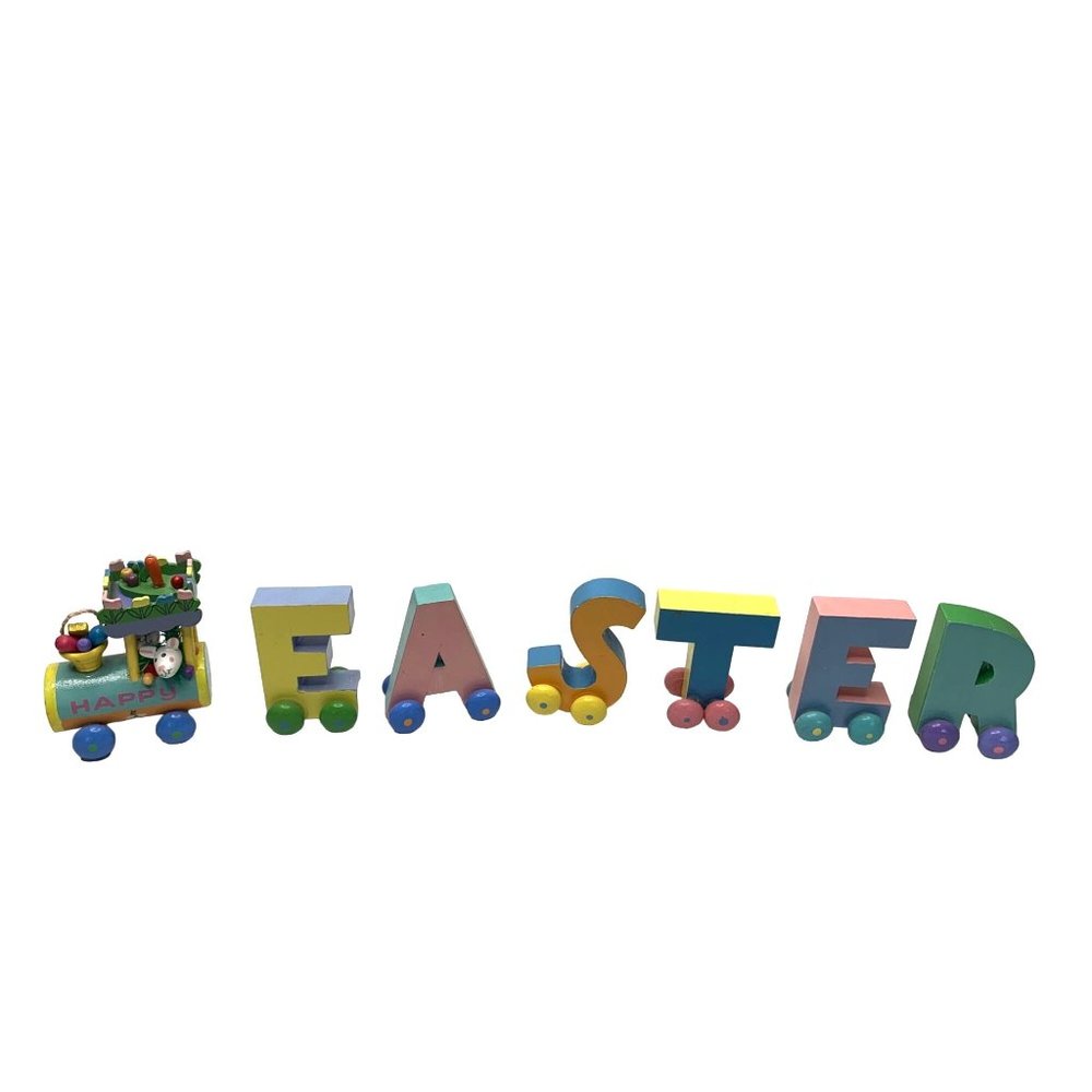 New Wooden Block Train 7 Pieces Holiday Workshop Sue Dreamer Hand Painted Easter